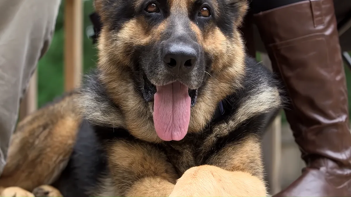 A German Shepherd dog with its tongue out, sitting next to a person wearing brown boots.