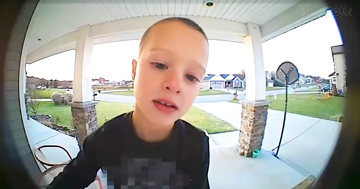 A young boy in a black shirt stands on a porch, looking directly at the camera.