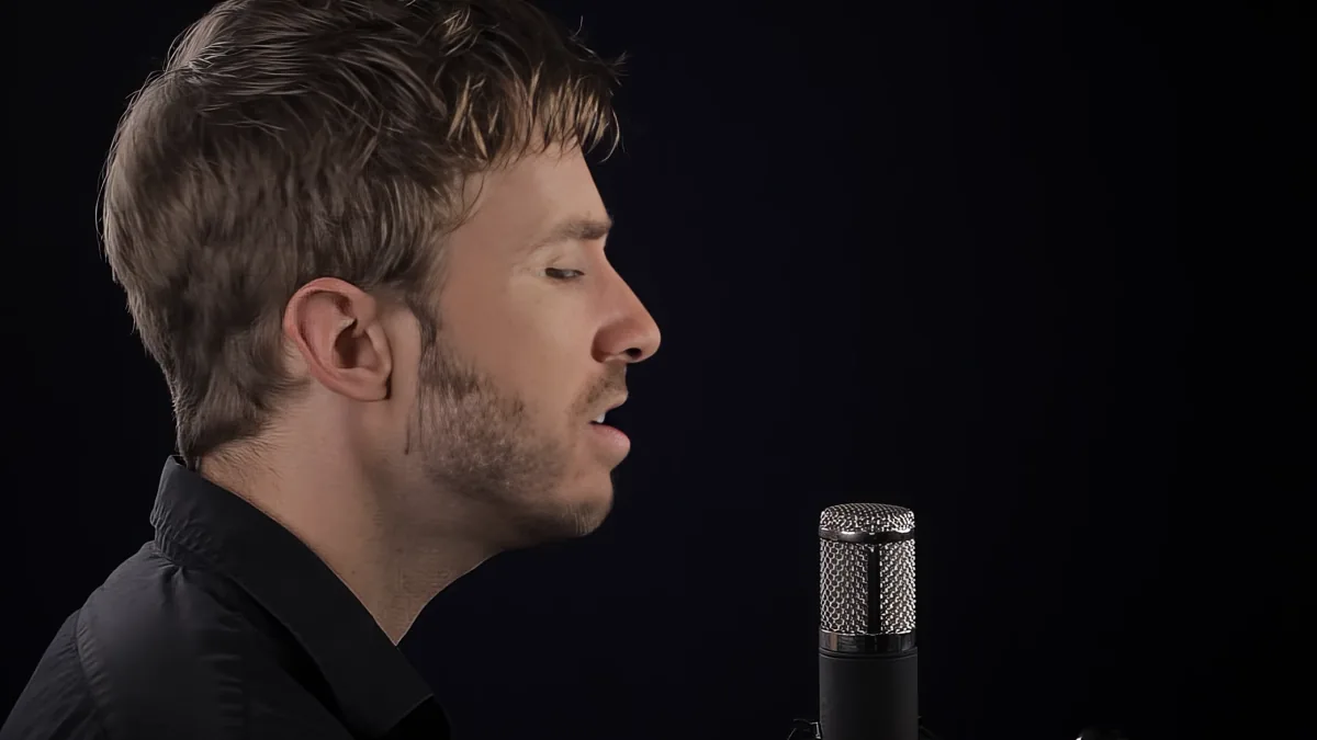 A man with short hair and a beard is seen in profile, wearing a black shirt, with a microphone in front of him.