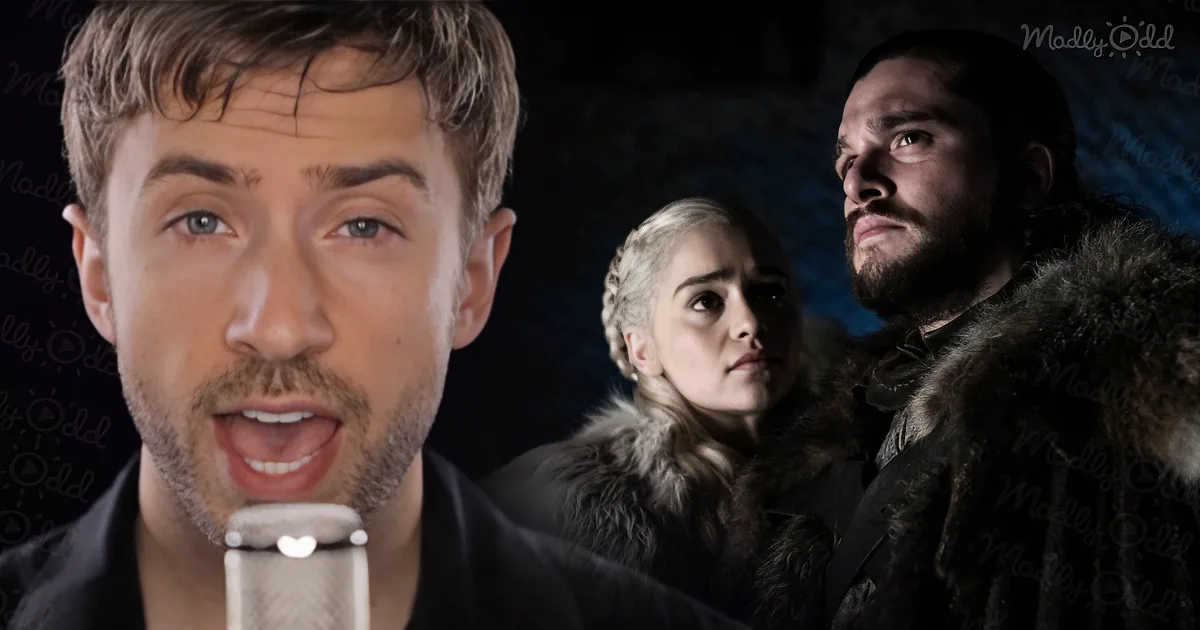 A man sings into a microphone, with Daenerys and Jon Snow from Game of Thrones in the background.