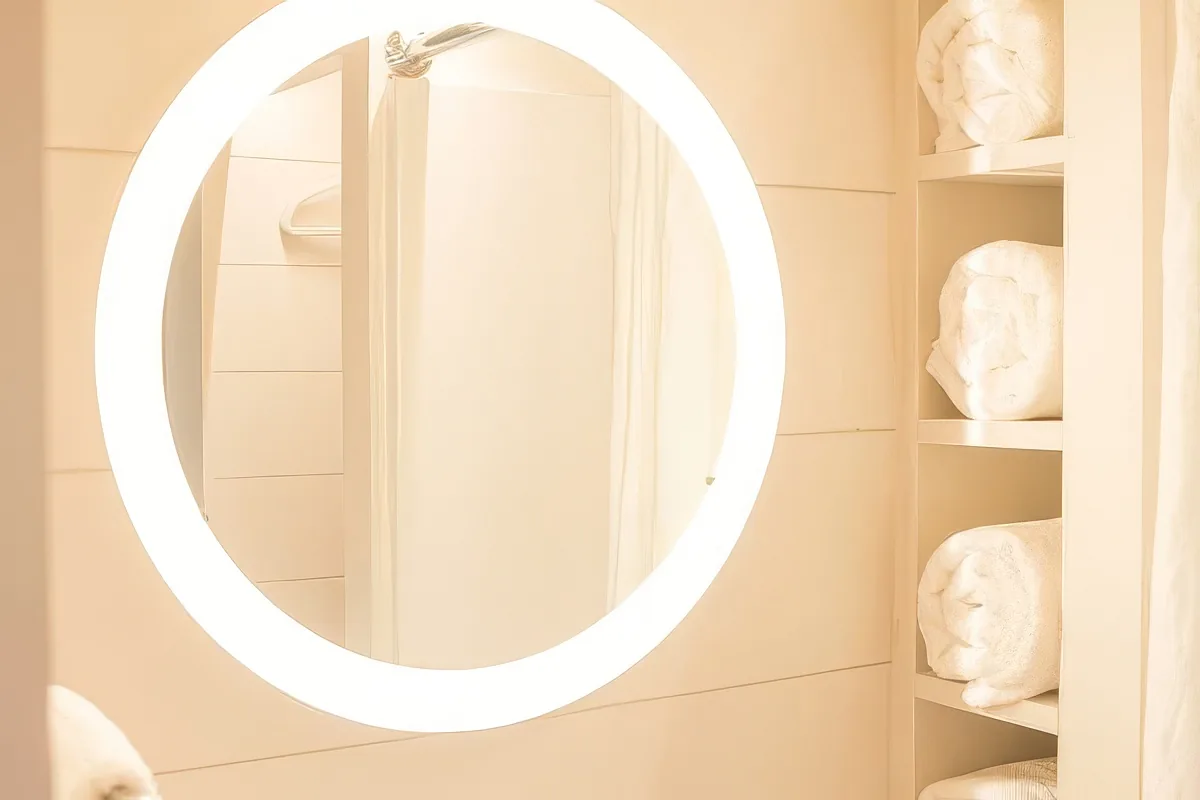A circular mirror with a lighted frame reflects a bathroom scene with a shower and neatly folded towels.
