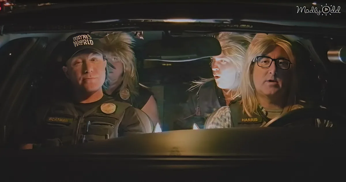Three individuals in a car, one driving, two passengers, wearing vests, and one with a "Wayne's World" hat.