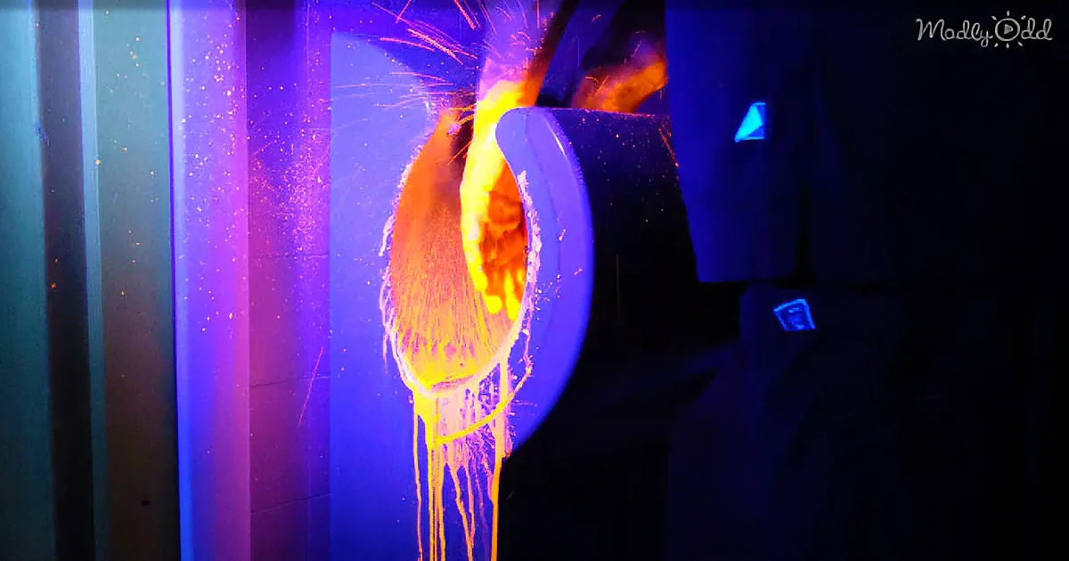 A glowing, fiery object resembling a ring or disc emits bright orange and yellow light, surrounded by a dark, blue-lit...