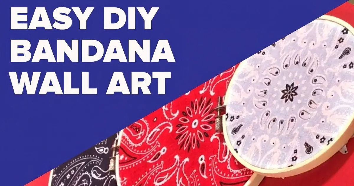 A DIY bandana wall art project with red and white bandanas in embroidery hoops.