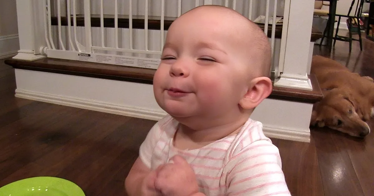 A baby in a striped shirt smiles with eyes closed, hands clasped, near a green plate, with a dog and baby gate in the...