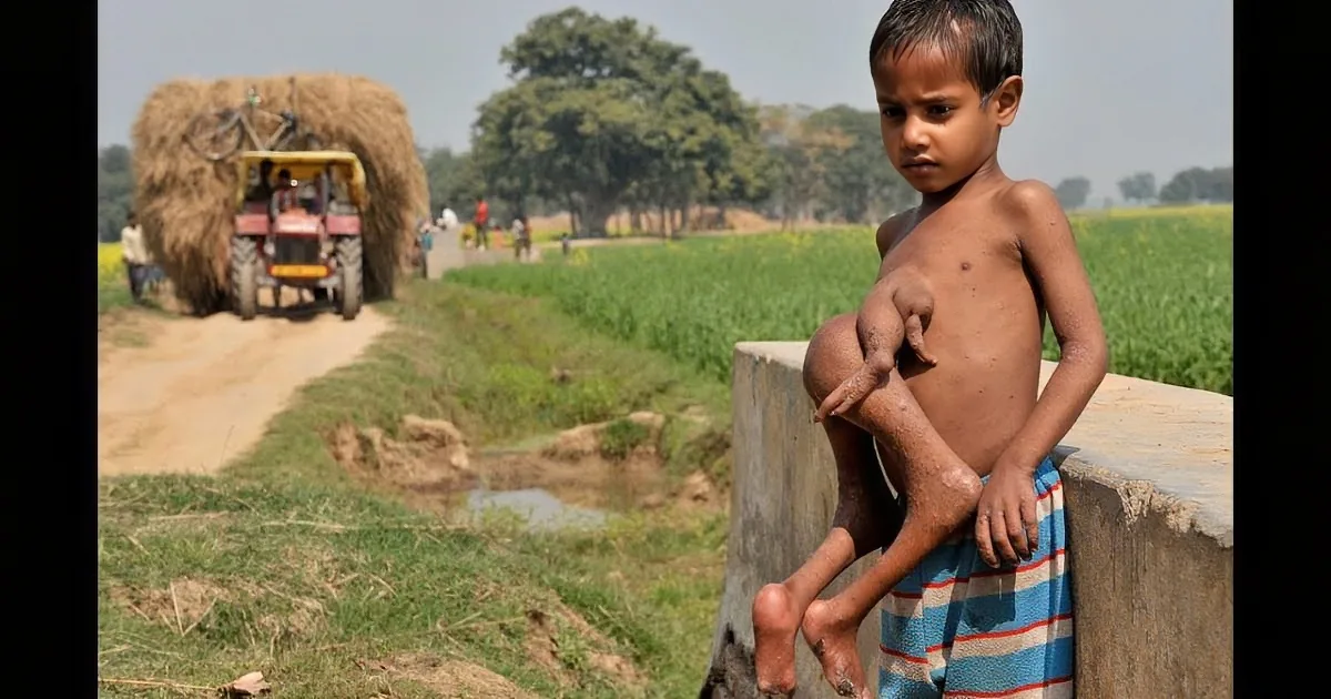 A young boy stands shirtless, holding his legs, in a rural setting with a tractor and hay bale in the background.
