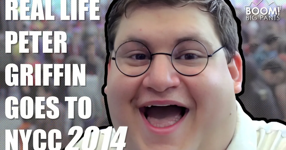 A man with glasses and a surprised expression is featured in a meme about Peter Griffin at NYCC 2014.