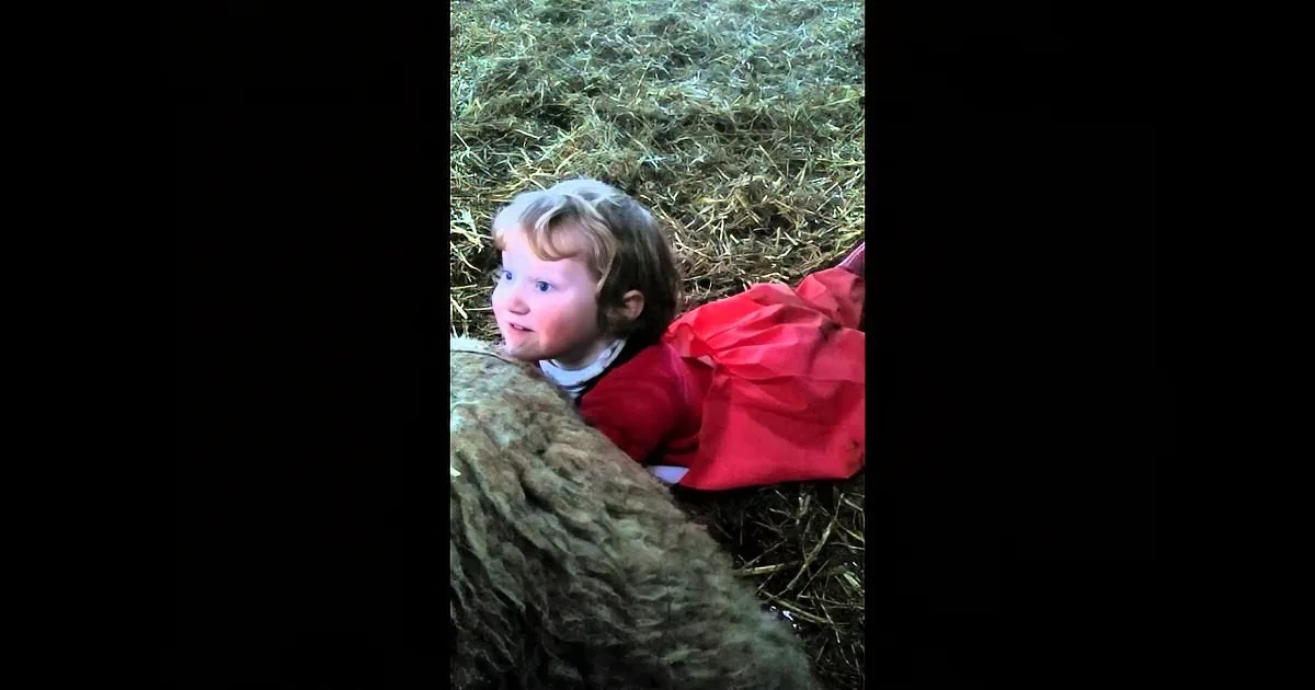 A child in a red outfit is lying on a bed of straw, looking up with a curious expression.