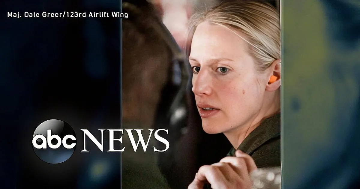 A woman in military uniform with ear protection, hands clasped, against a backdrop of ABC News branding.