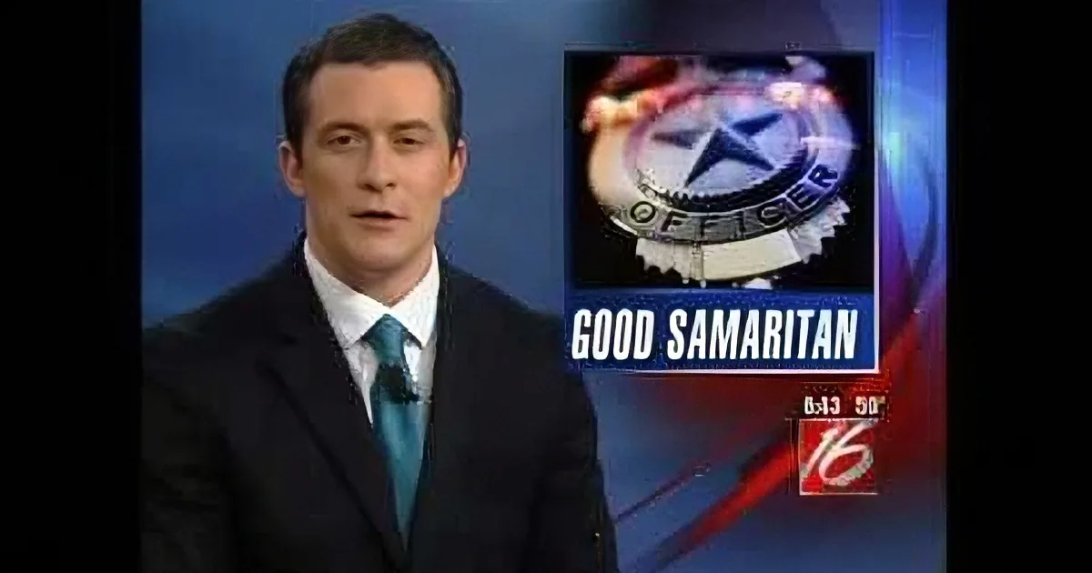 A news anchor in a suit and tie stands in front of a "Good Samaritan" graphic with a police badge.