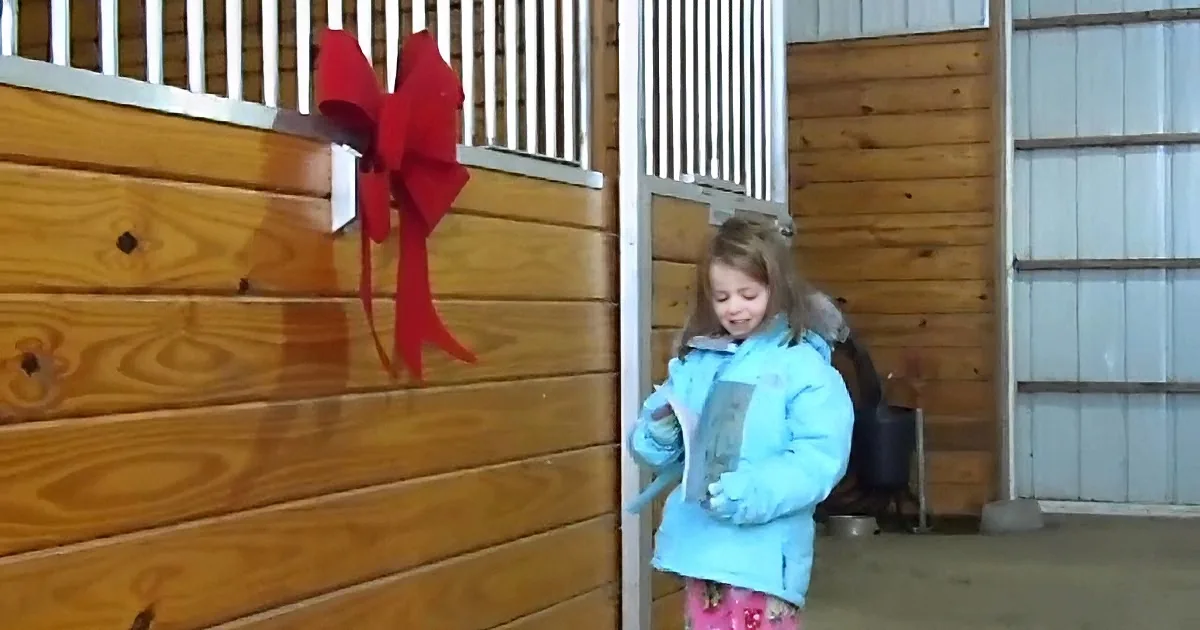 A young girl in a blue jacket stands in a stable, holding a book, with a red ribbon on the stall door.