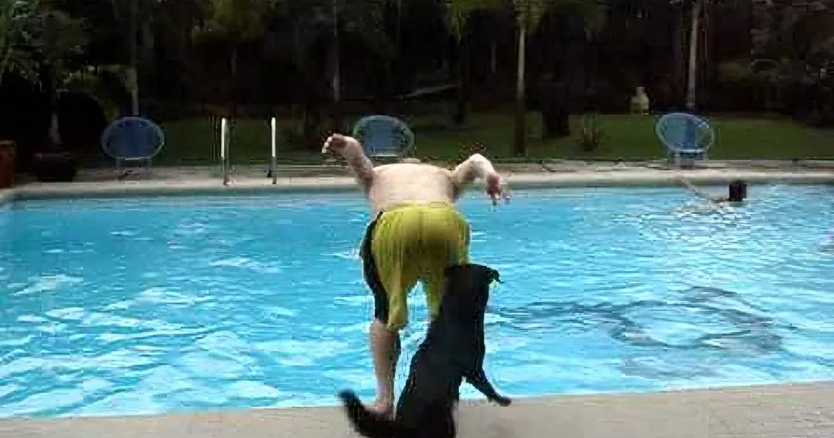 A man in yellow shorts stands at the edge of a pool, reaching out as a black dog approaches.