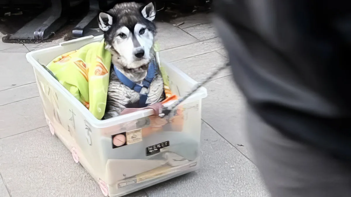 A husky dog wearing a harness sits inside a plastic storage bin filled with dog food on a sidewalk.