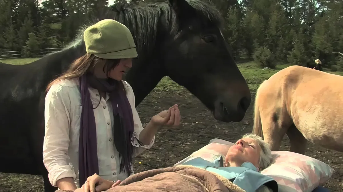 A woman in a green hat feeds a horse while another woman lies on a blanket nearby.