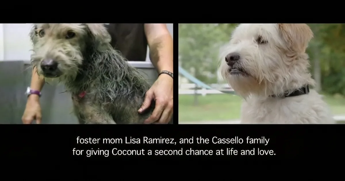 A dog named Coconut, initially dirty and neglected, is shown before and after rescue, now clean and happy.