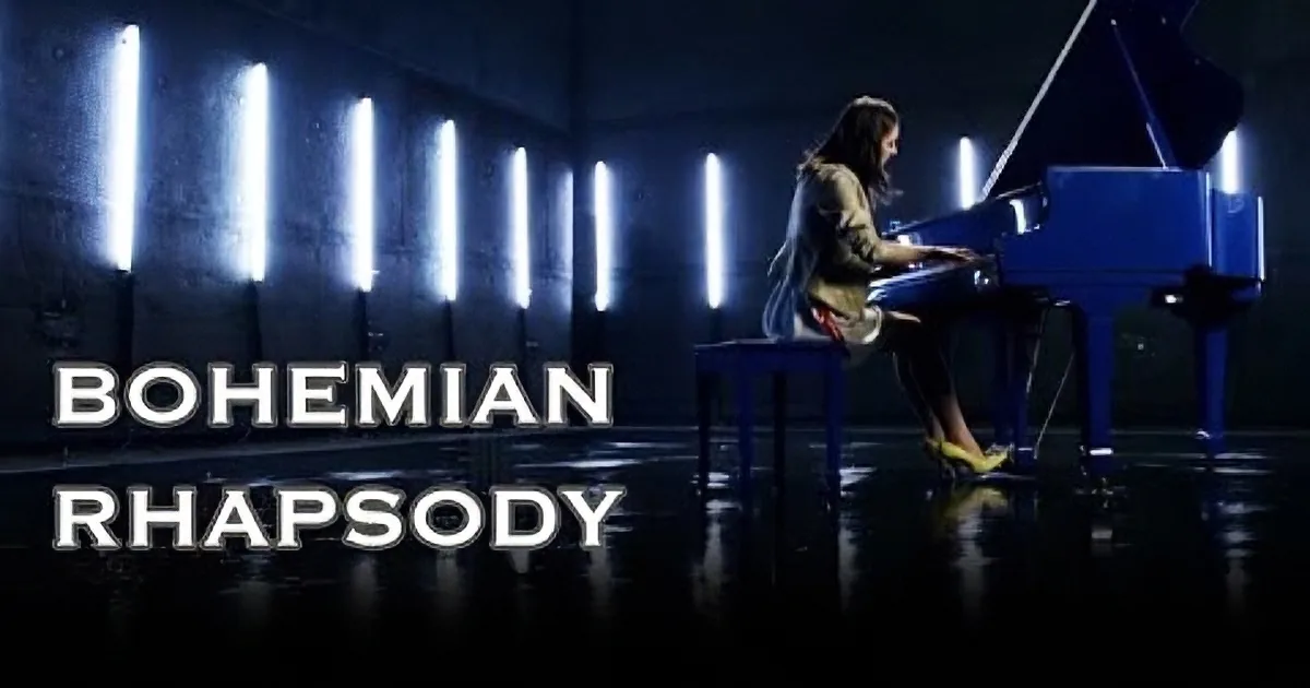 A woman plays a blue piano in a dimly lit room with vertical light strips.