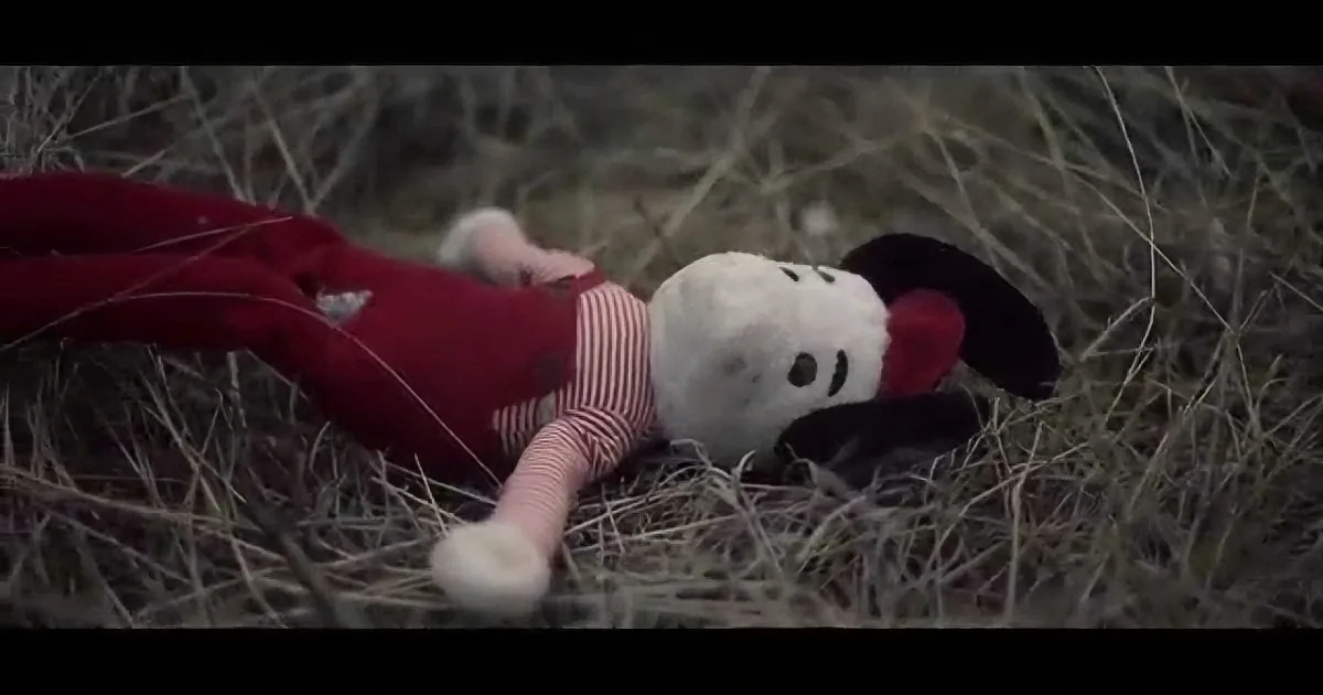 A worn-out doll in red and white lies on dry grass, appearing abandoned and distressed.