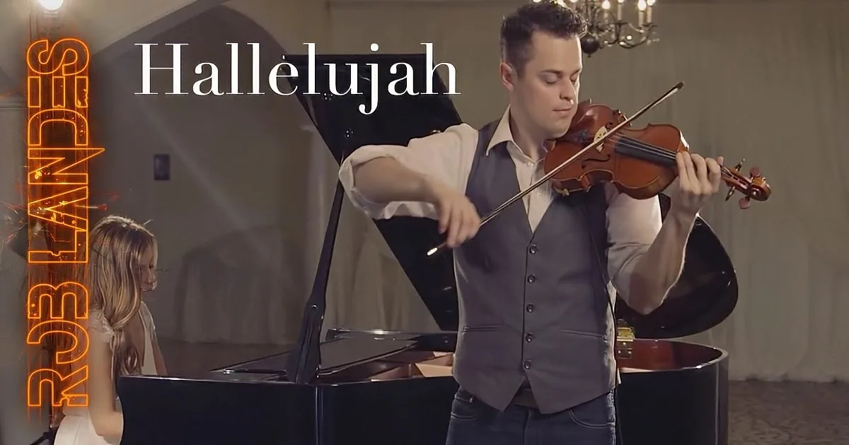 A man plays violin while a woman sings at a piano, with "Hallelujah" text above.