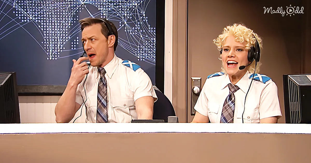 Two individuals in pilot uniforms with headsets, one speaking, the other laughing, in a control room setting.