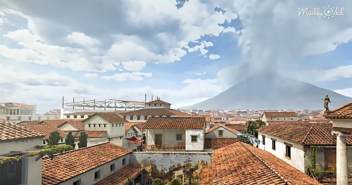 A cityscape with red-tiled roofs and a distant erupting volcano under a partly cloudy sky.