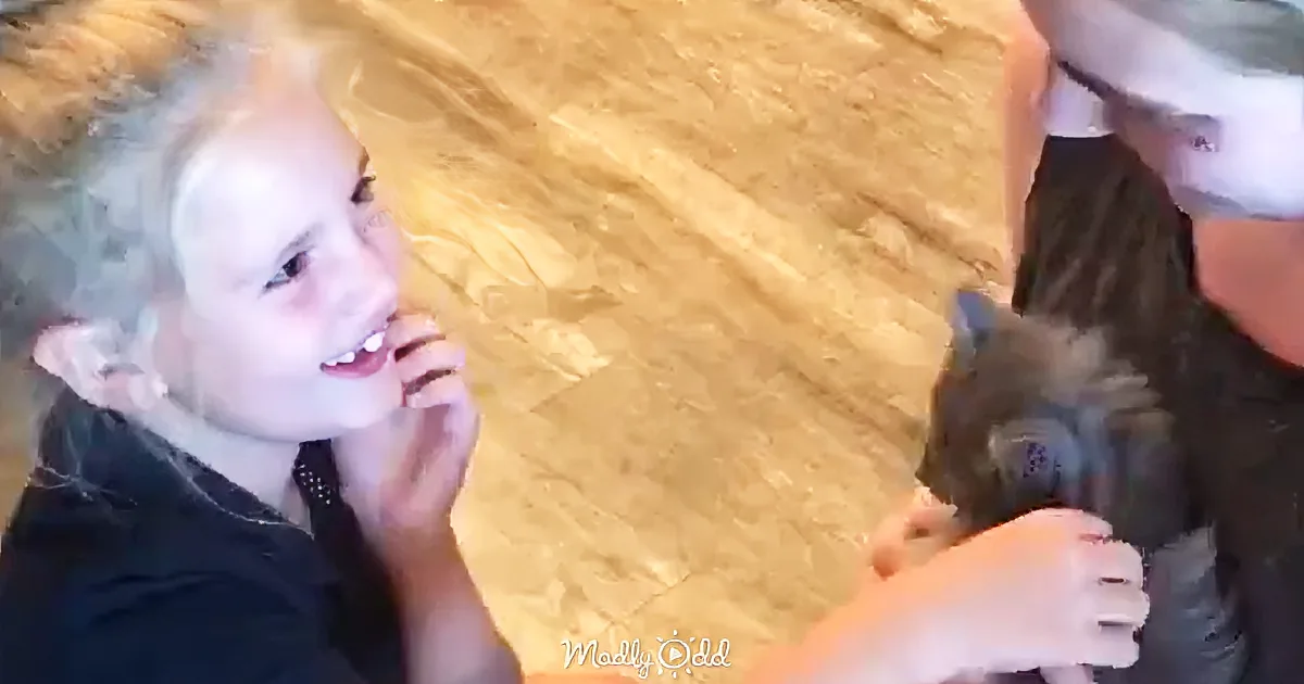 A child with a shaved head smiles while holding a small animal, possibly a kitten, in a cozy indoor setting.