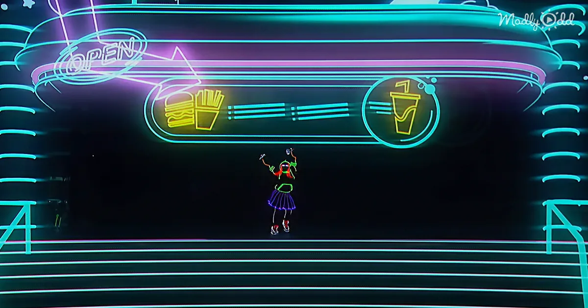A small figure stands in front of a neon-lit diner sign, holding a drink, surrounded by vibrant lights.