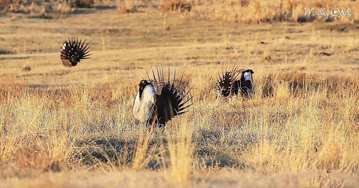Four Greater Sage-Grouse with distinctive tail feathers display in a grassy field under golden sunlight.
