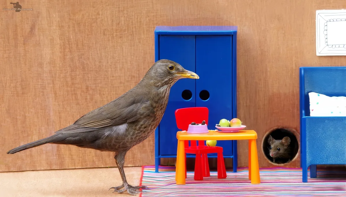 A blackbird stands on a colorful rug near a miniature table with fruit, surrounded by toy furniture.