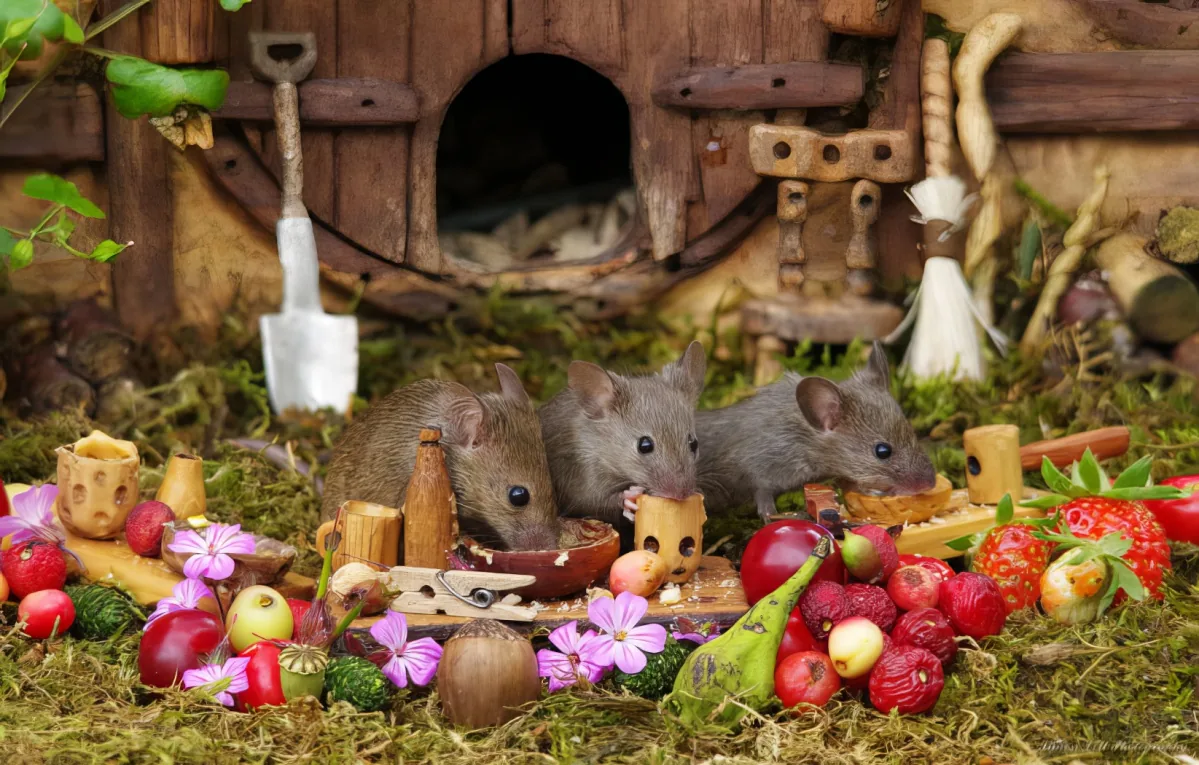 Three mice feast on fruit and cheese in a whimsical garden scene with a miniature house and garden tools.