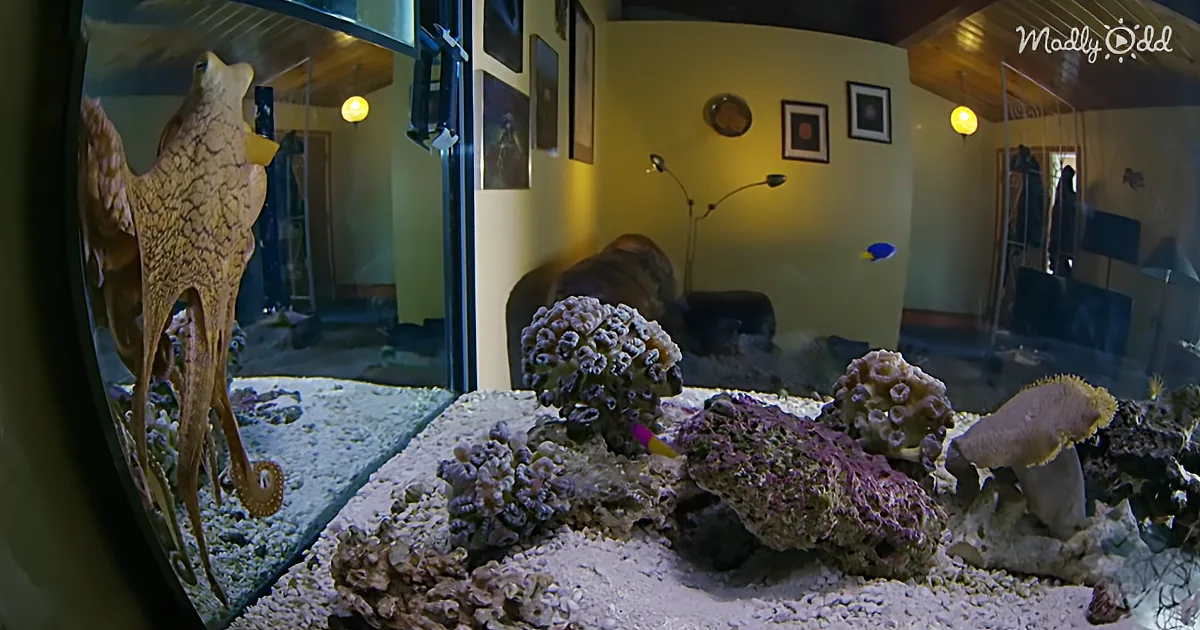 A large octopus is prominently displayed in a large aquarium with colorful corals and fish.