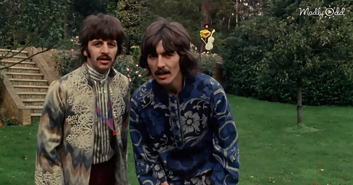 Two individuals in vibrant, patterned clothing stand outdoors, surrounded by lush greenery and stairs.