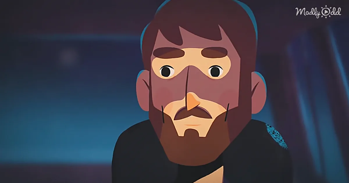 A cartoon character with a beard and mustache, wearing a black shirt, looks surprised.