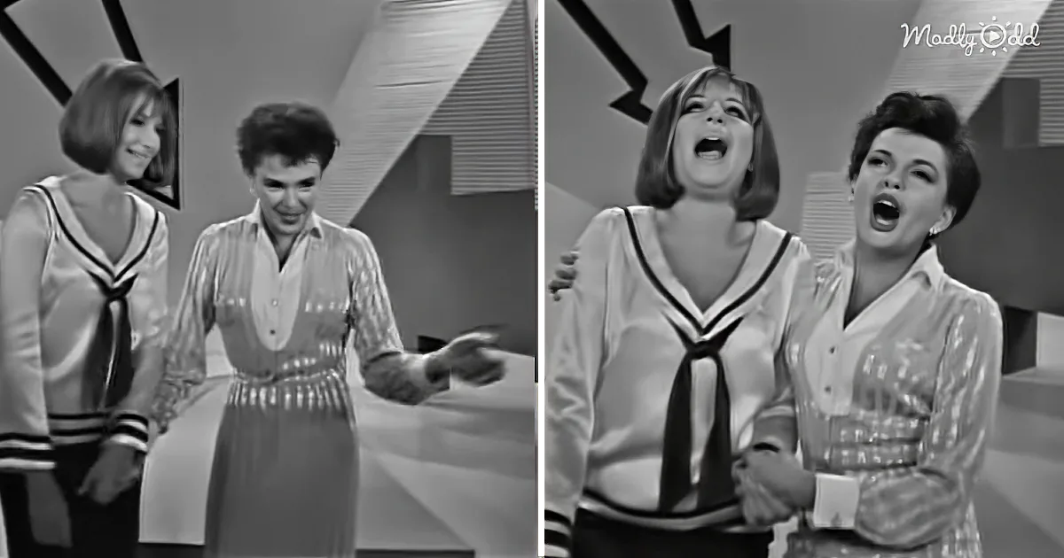 Two women in sailor-style tops are singing and clapping in a studio setting.