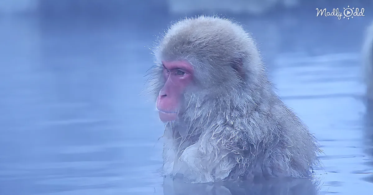 A snow monkey with wet fur sits in a hot spring, its face partially submerged.
