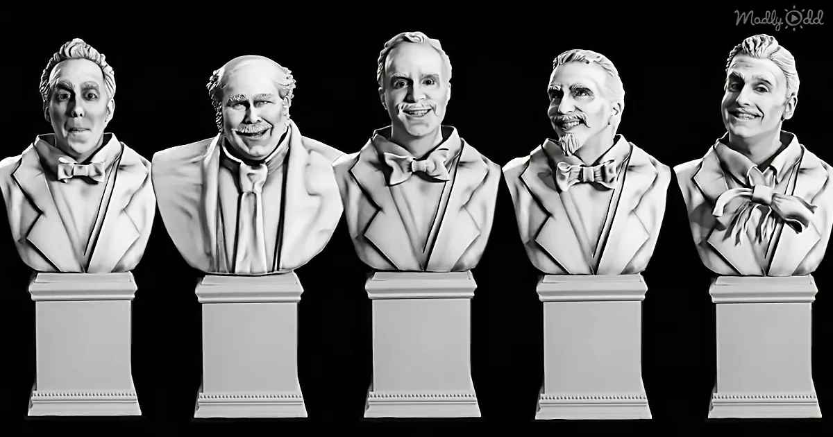 Five identical white busts of a man in formal attire stand in a row against a black background.