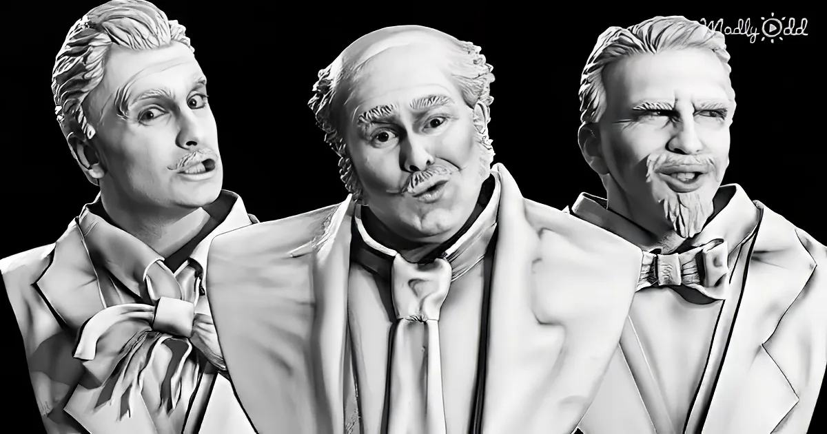 Three identical men in suits and bow ties, one with a mustache, against a black background.