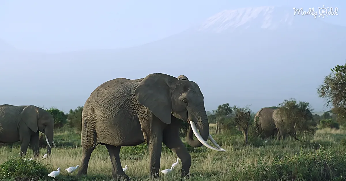 A large elephant with long tusks walks through a grassy field, surrounded by other elephants and birds, with a mountain...