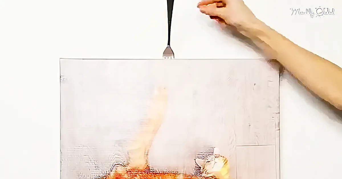 A hand holds a fork above a painting of a foot, with a white background.