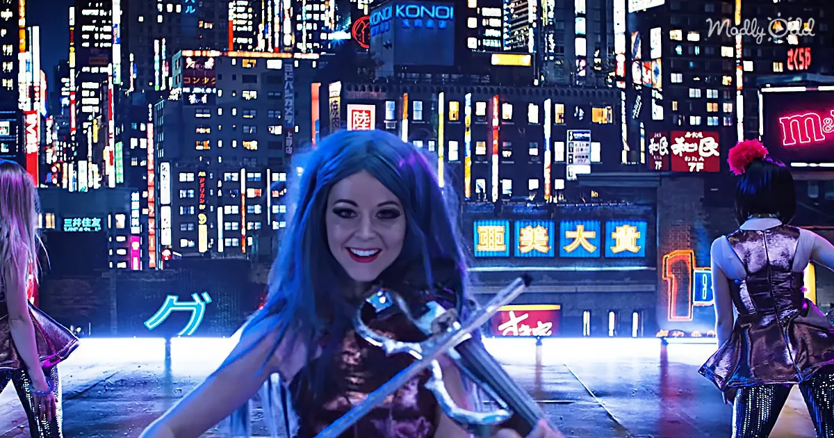 A person with blue hair plays a violin in a vibrant, neon-lit cityscape.