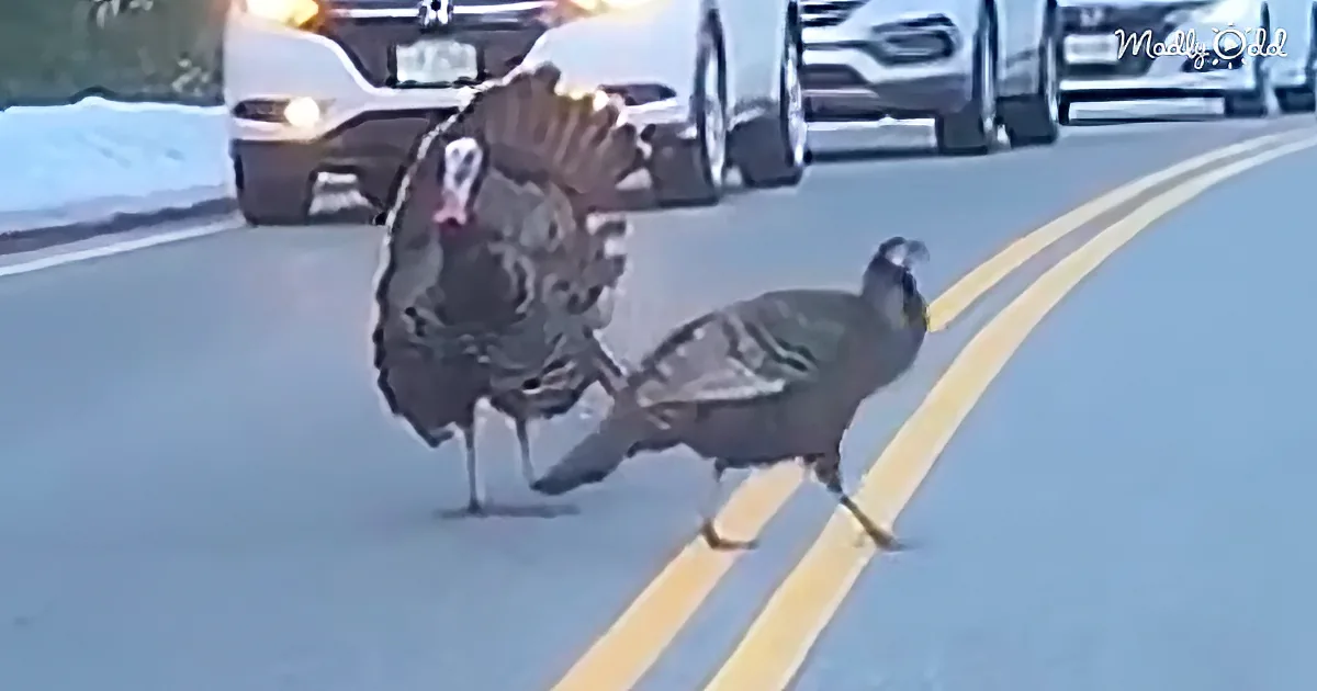 Wild Turkey Stops Traffic So His Flock Can Safely Cross The Street