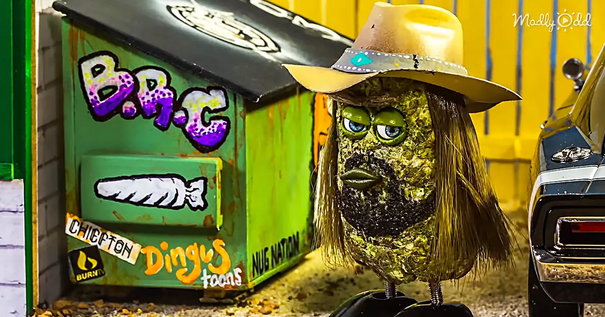 A quirky character with a cowboy hat and mossy face stands in front of a colorful sign.