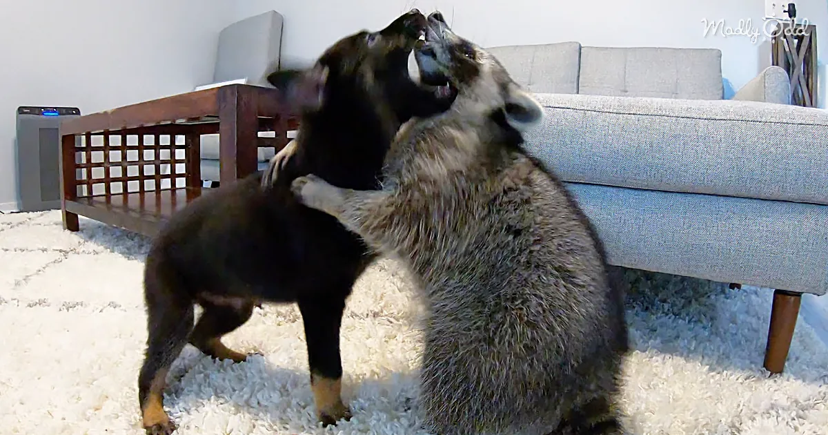 Fiesty Puppy Plays With Adorable Pet Raccoon