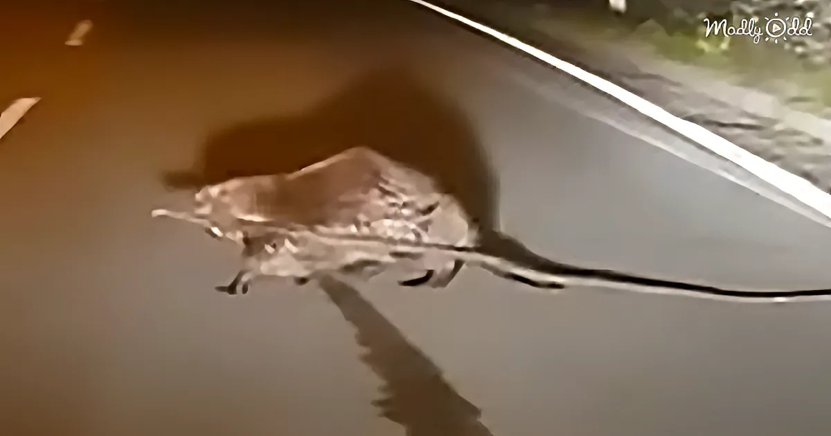 Kind Man Helps a Beaver Carry Branch Across a Road