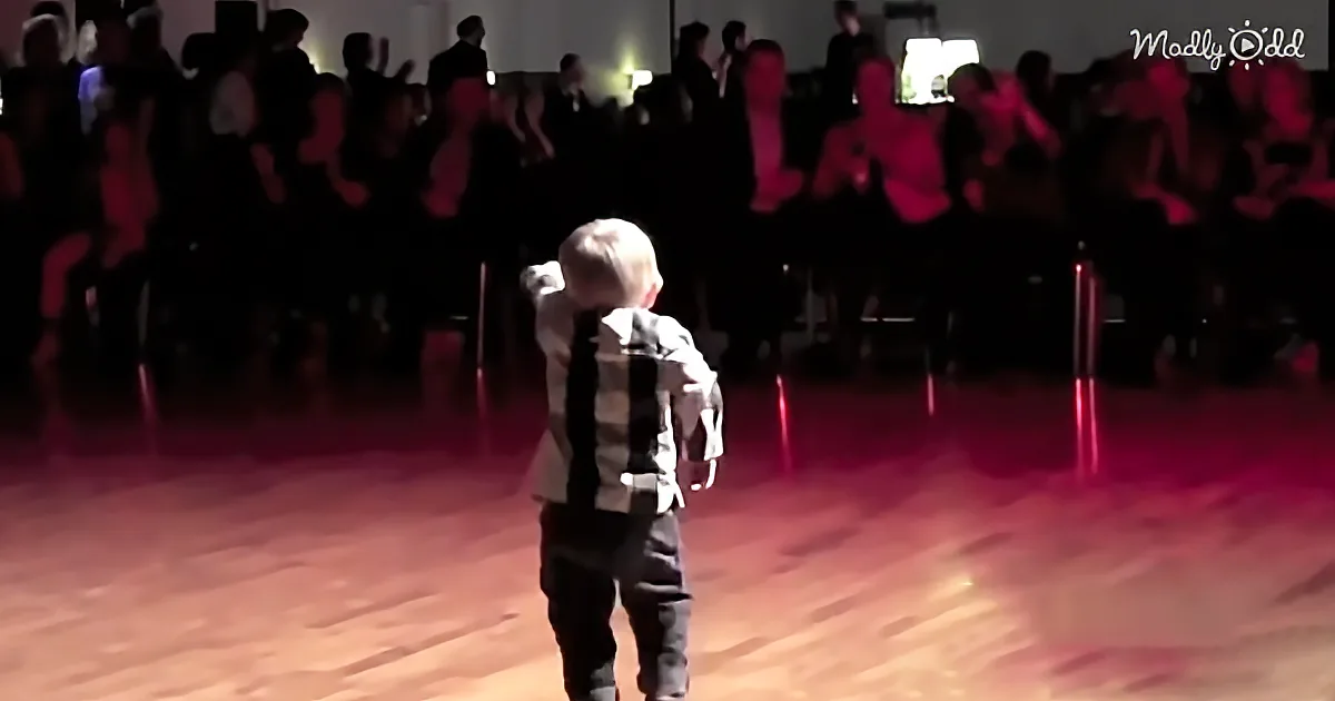A young boy in a striped shirt and black pants stands on a dance floor, facing a crowd of seated people.
