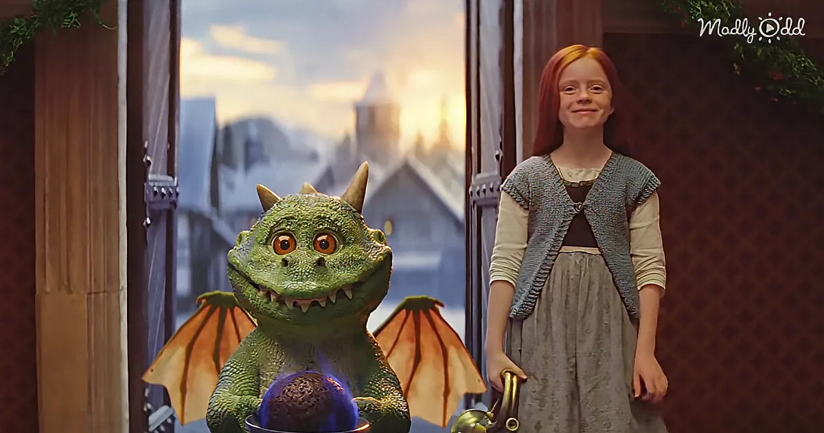 A girl stands beside a green dragon-like creature holding a glowing orb, with a castle in the background.