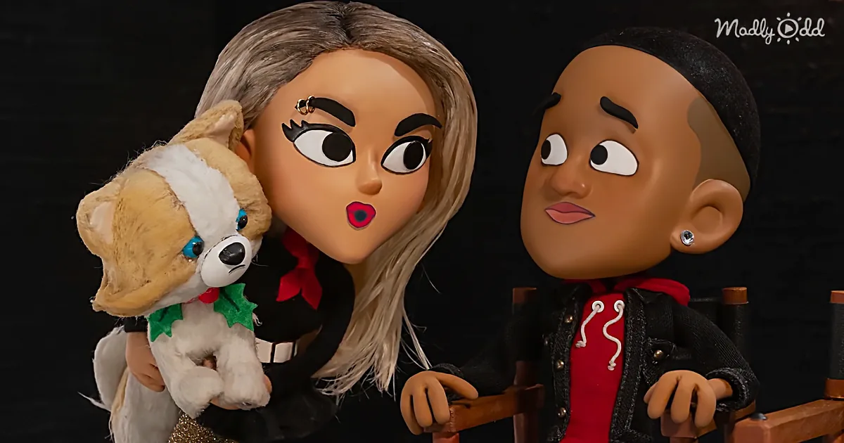 A character holds a stuffed dog, while another sits in a chair, both against a dark background.