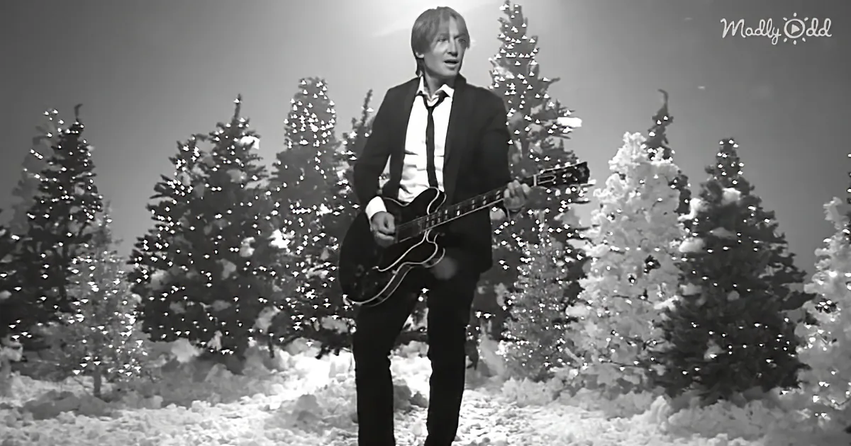 A man in a suit plays guitar amidst snow-covered, lit Christmas trees.