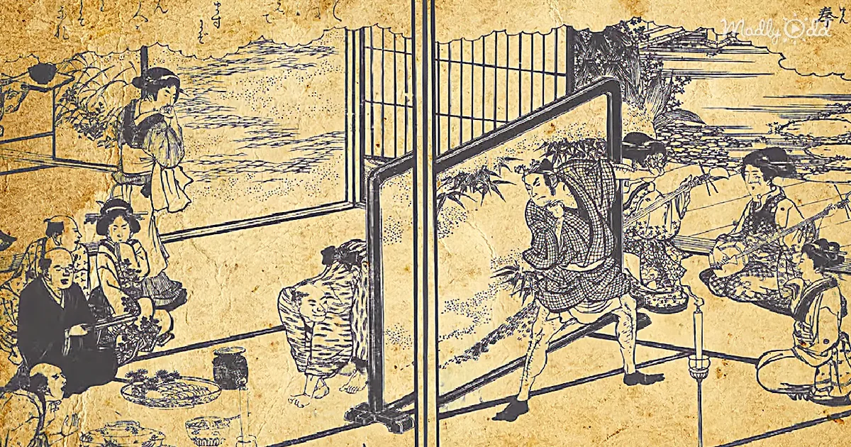 A woman in traditional attire is playing a stringed instrument, surrounded by other figures in a serene outdoor setting.