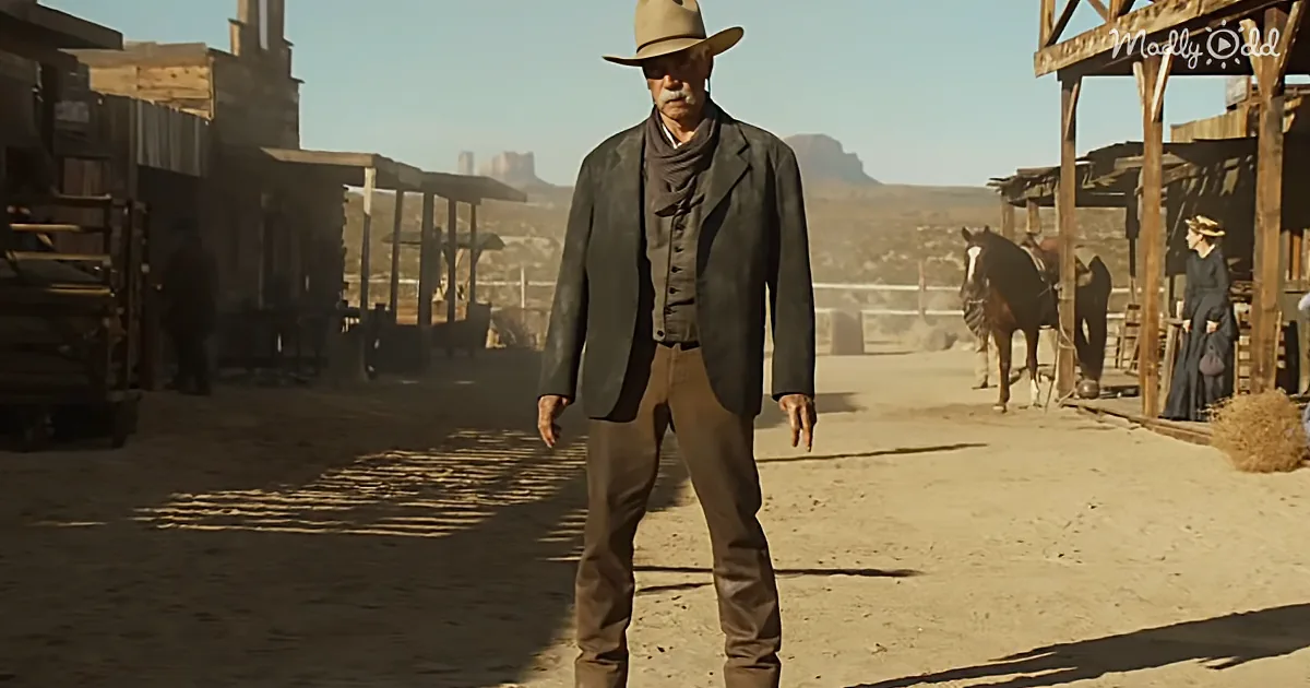 A man in a cowboy hat and dark attire stands in a dusty, old western town, surrounded by wooden structures and a horse.