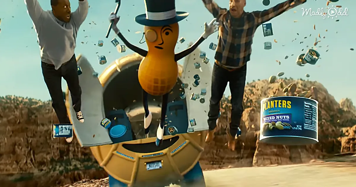 A peanut character in a top hat is surrounded by two people and a Planters Mixed Nuts can, with a desert landscape in the...